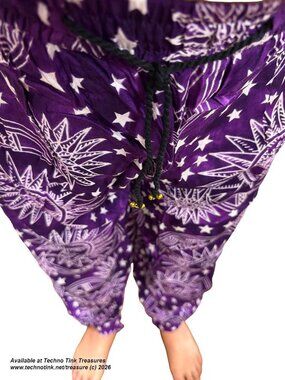 Pants, Harem - Celestial Star & Moon Print Rayon Button Cuff Harem Pants XL